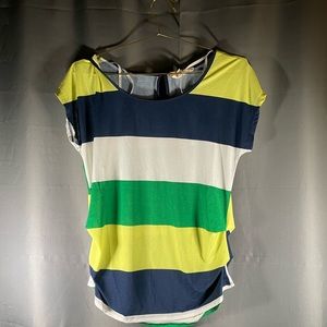 Sweet wanderer, women’s dress top stripes blue green yellow-short sleeve-large